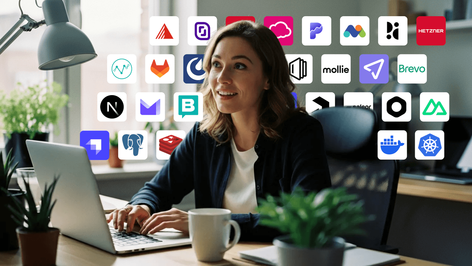 Woman sitting at a desk, working on a laptop, with a calm expression and a slight smile. Icons of various digital tools and software platforms appear around her.