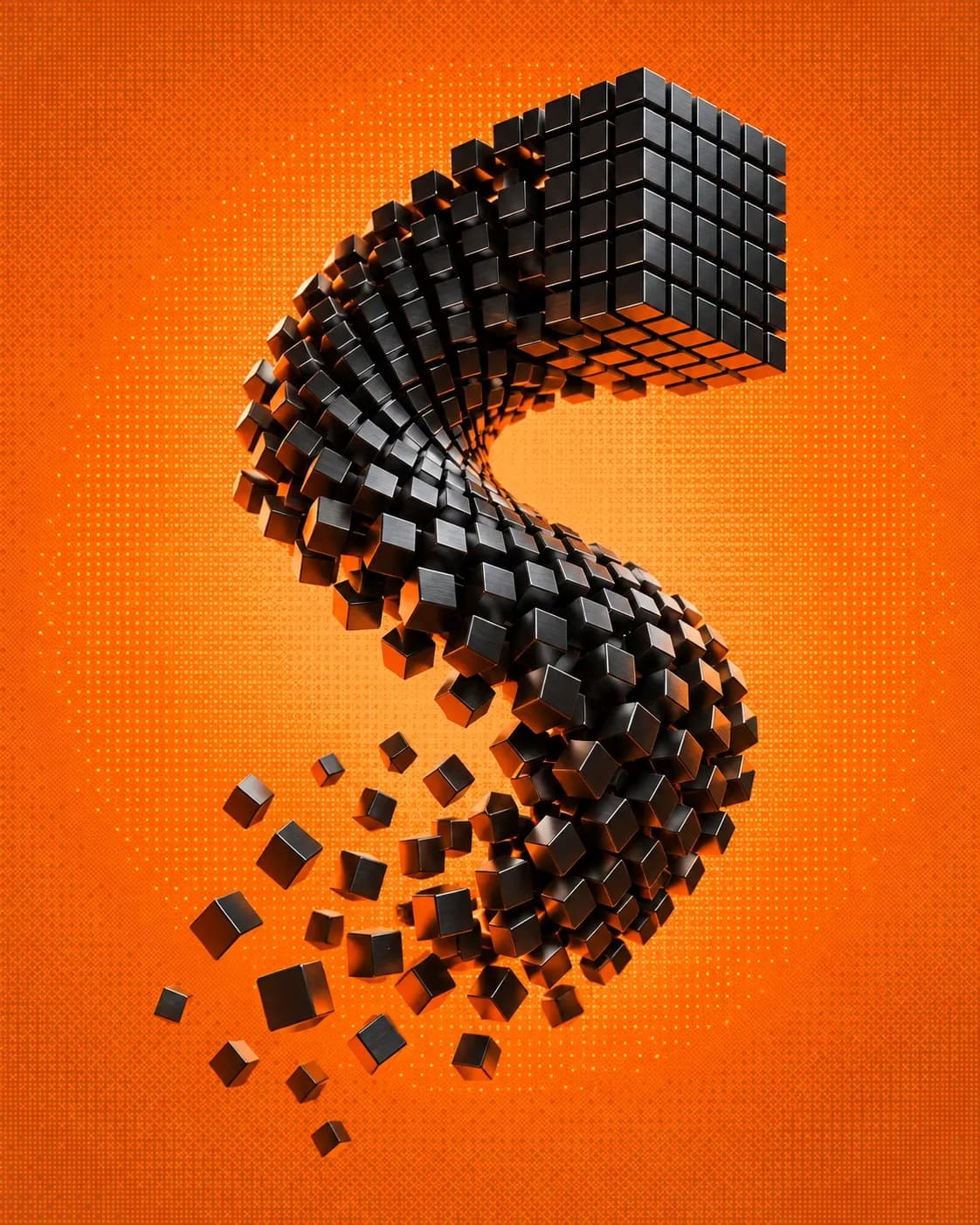 Konzeptionelle 3D-Skulptur aus geordneten Datenwürfeln vor orangefarbenem Dithering-Hintergrund